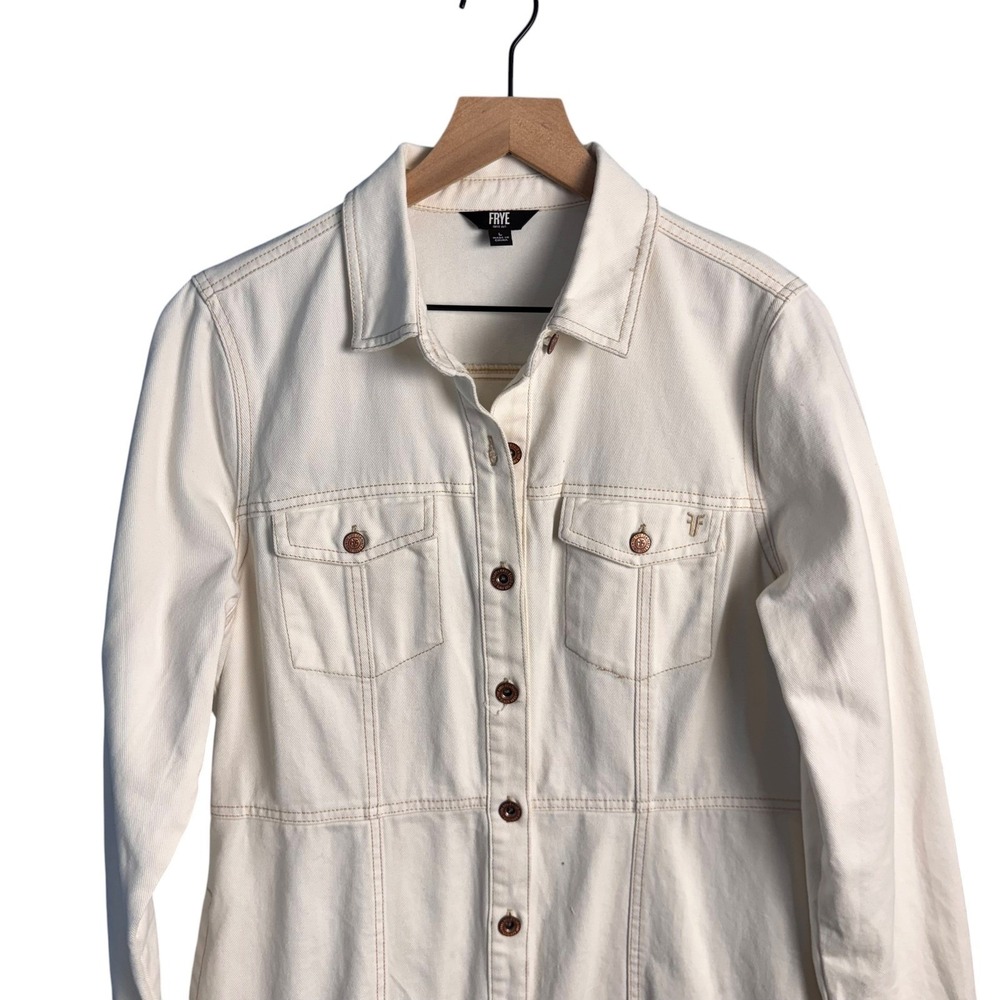 Frye Costal Cowgirl Denim White Button Front Utility Mini Dress Large Western - Picture 4 of 10